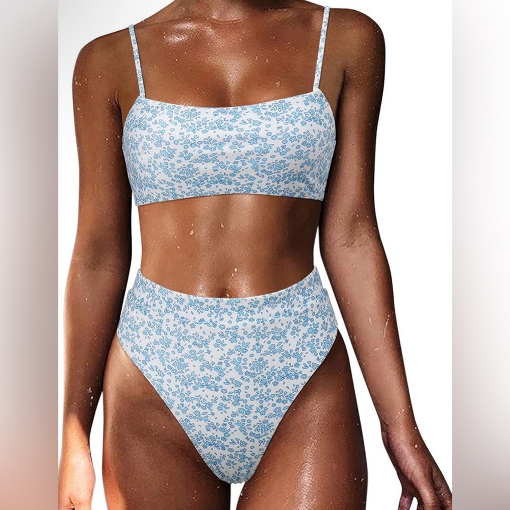 Bikini Set Blue White Ditsy Floral Spaghetti Straps Bandeau High Waist Small